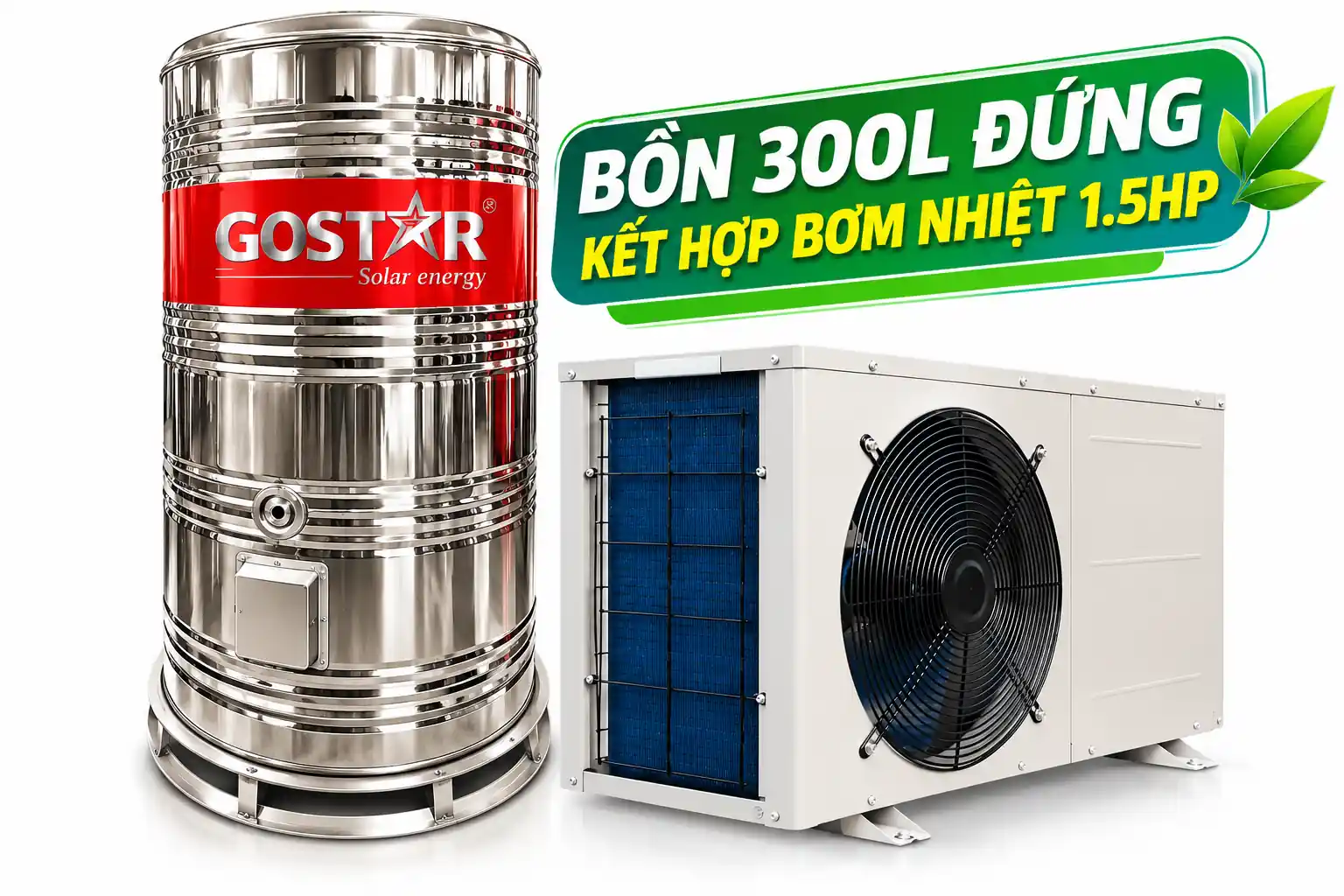 Hệ thống nước nóng trung tâm 300L kết hợp bơm nhiệt 1.5HP GOSTAR
