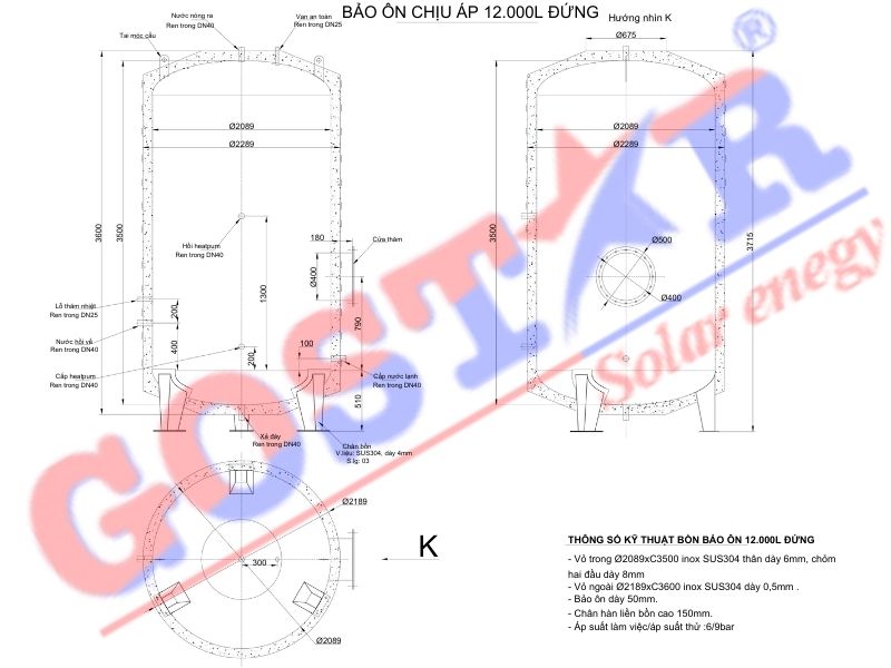 Bảng vẽ kỹ thuật bồn bảo ôn chịu áp đứng 12.000L gostar
