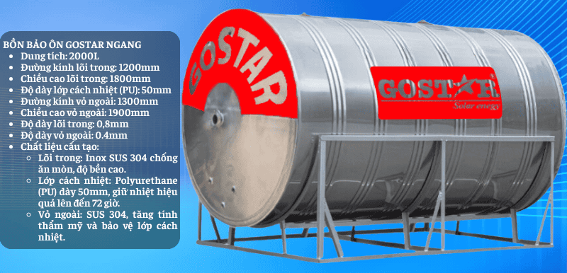 Bồn bảo ôn công nghiệp 2000L ngang gostar